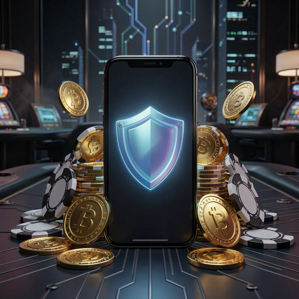 PGY 777 secure mobile casino app concept showing a smartphone with a glowing shield icon surrounded by golden coins and chips against a dark luxury cyber background in a realistic 3D render