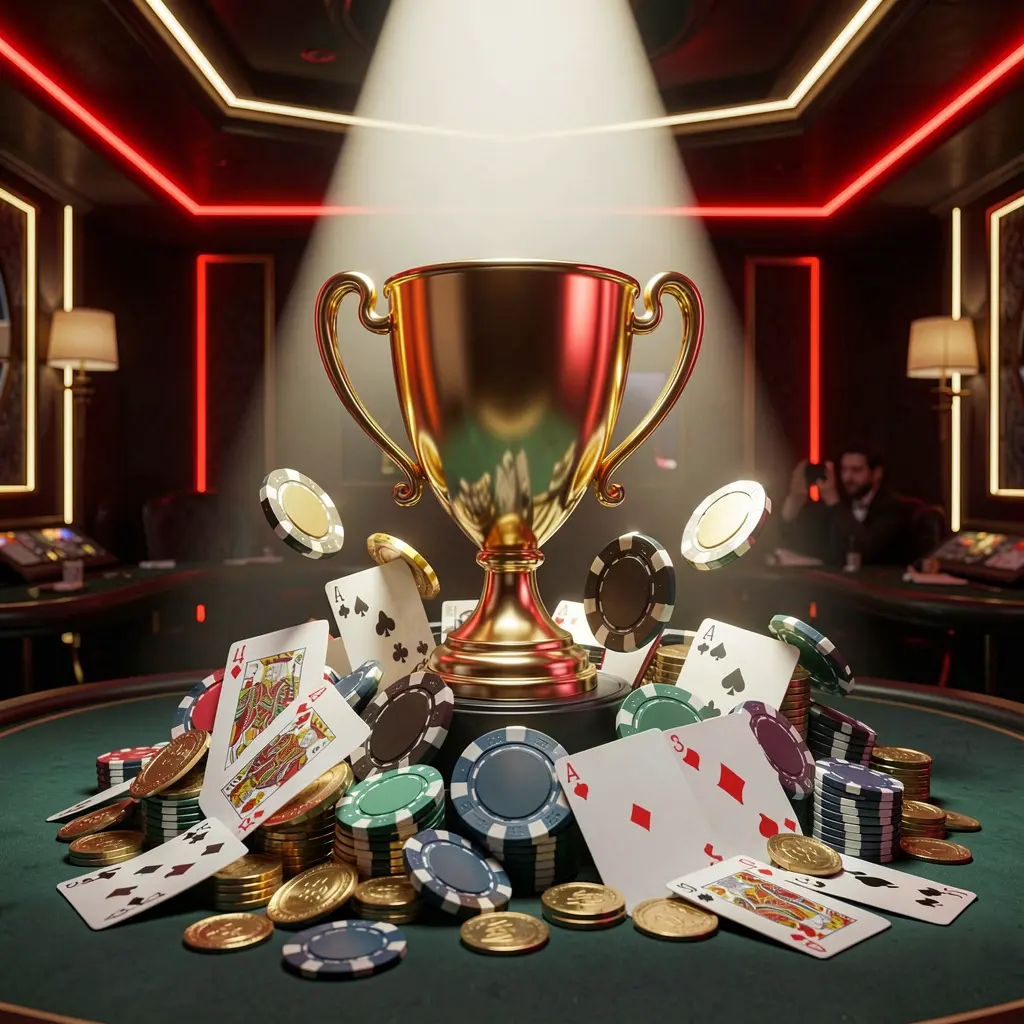 PGY 777 casino tournament bonus concept featuring a golden trophy surrounded by poker chips, playing cards, and coins under a bright spotlight in a competitive luxury casino atmosphere with dark background and red and gold neon accents
