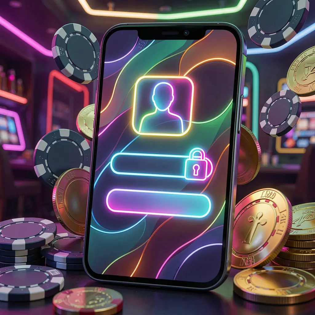 PGY 777 mobile gaming login page concept featuring a smartphone with an abstract login interface, user and lock icons, surrounded by casino chips and coins under luxury neon lighting