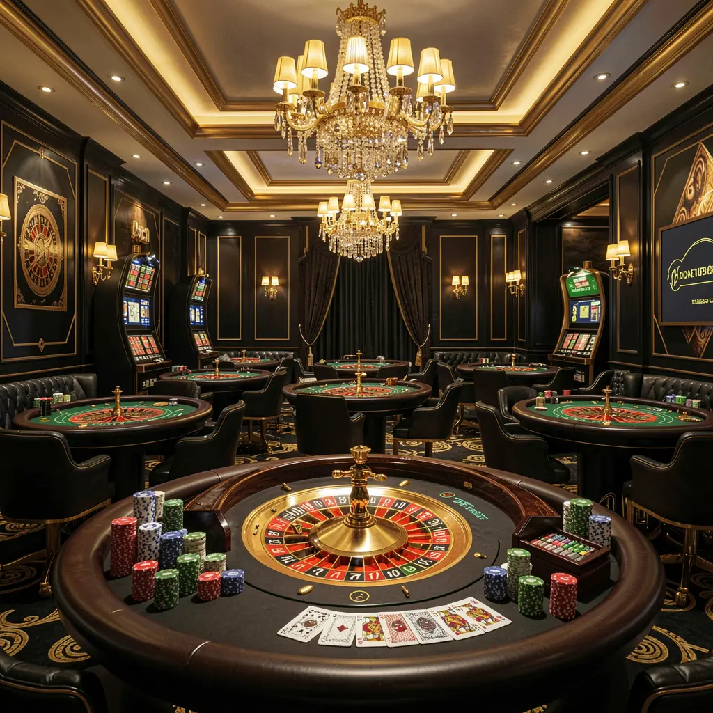 PGY 777 luxury online casino lobby with glowing roulette tables, golden lights, poker chips and cards in a premium black and gold design